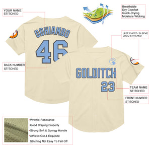 Custom Cream Light Blue-Steel Gray Mesh Authentic Throwback Baseball Jersey