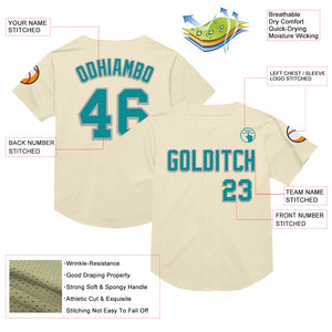 Custom Cream Teal-Gray Mesh Authentic Throwback Baseball Jersey