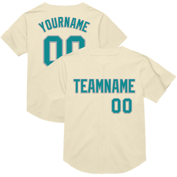 Custom Cream Teal-Gray Mesh Authentic Throwback Baseball Jersey