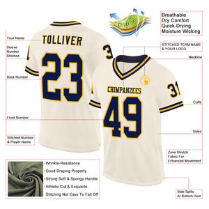 Custom Cream Navy-Gold Mesh Authentic Throwback Football Jersey