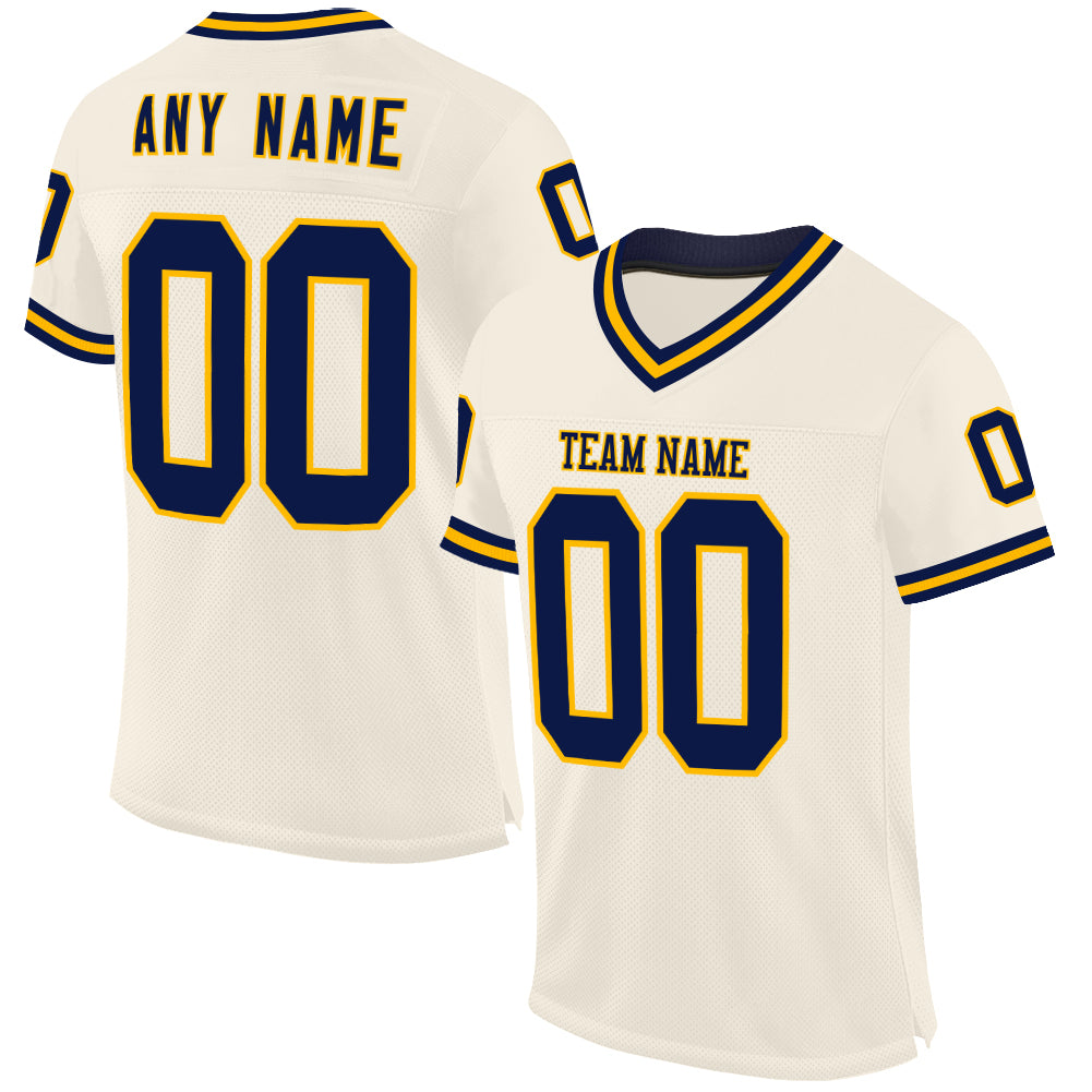 Custom Cream Navy-Gold Mesh Authentic Throwback Football Jersey