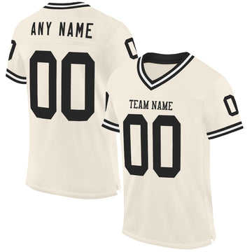 Custom Cream Black-White Mesh Authentic Throwback Football Jersey