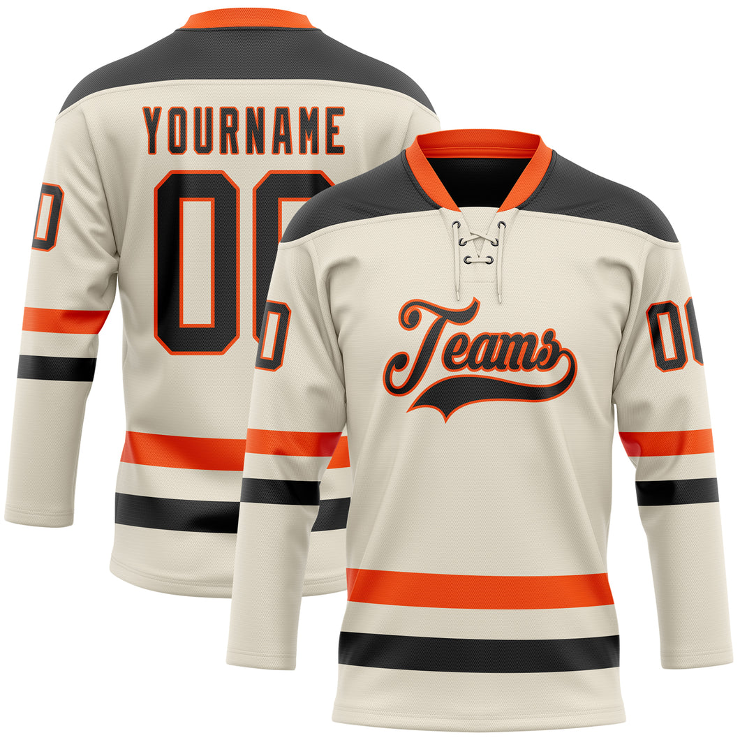 Custom Cream Black-Orange Hockey Lace Neck Jersey