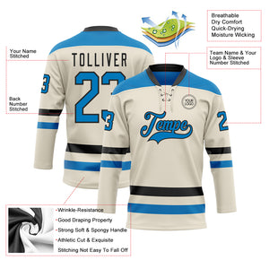 Custom Cream Blue-Black Hockey Lace Neck Jersey