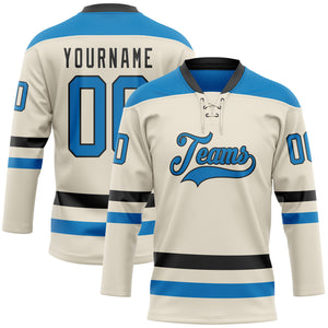 Custom Cream Blue-Black Hockey Lace Neck Jersey