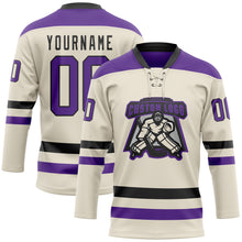 Загрузить изображение в средство просмотра галереи, Custom Cream Purple-Black Hockey Lace Neck Jersey
