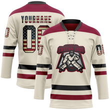 Загрузить изображение в средство просмотра галереи, Custom Cream Vintage USA Flag Black-Maroon Hockey Lace Neck Jersey
