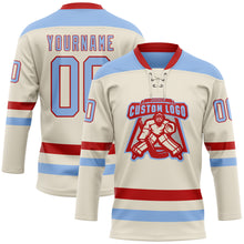 Загрузить изображение в средство просмотра галереи, Custom Cream Light Blue-Red Hockey Lace Neck Jersey
