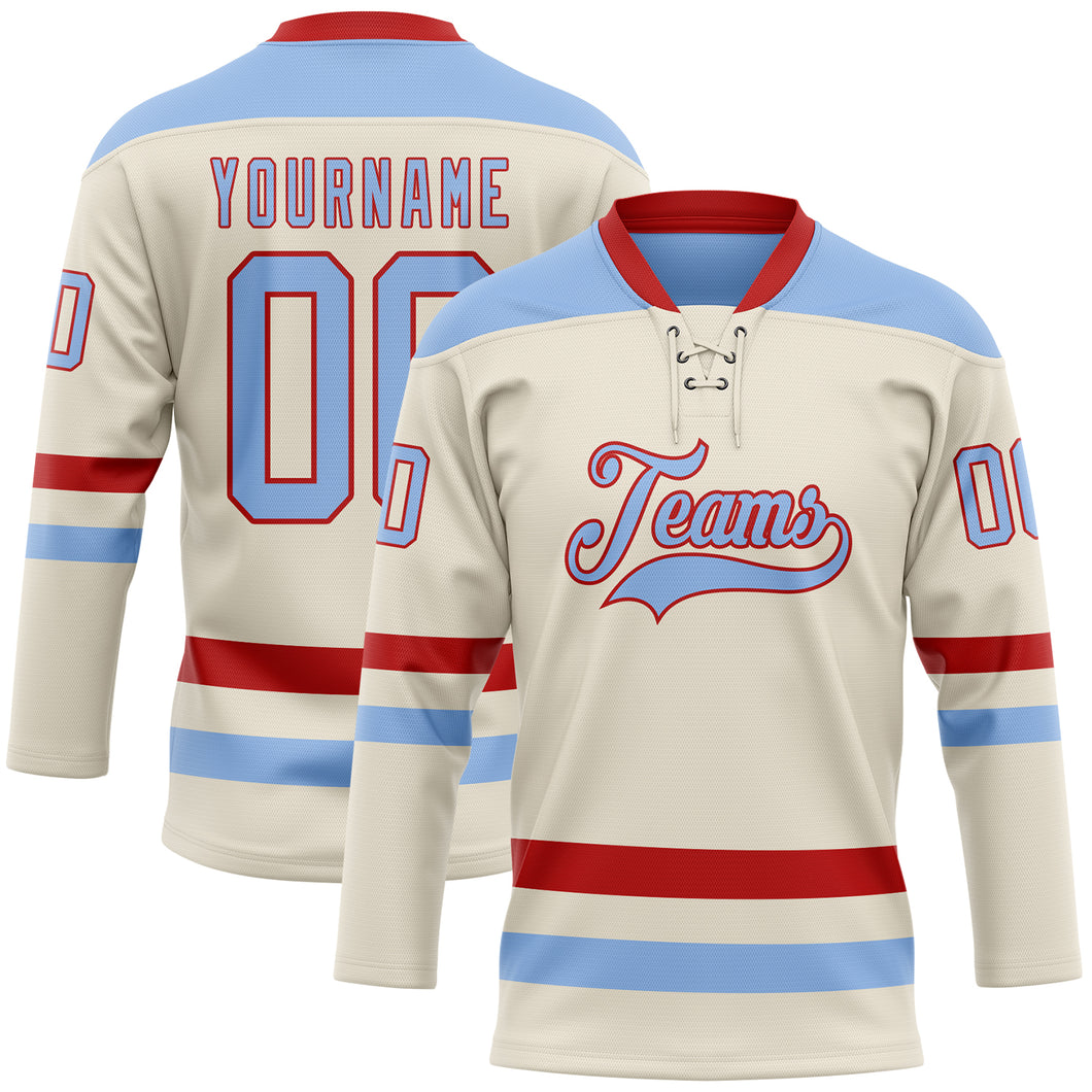 Custom Cream Light Blue-Red Hockey Lace Neck Jersey