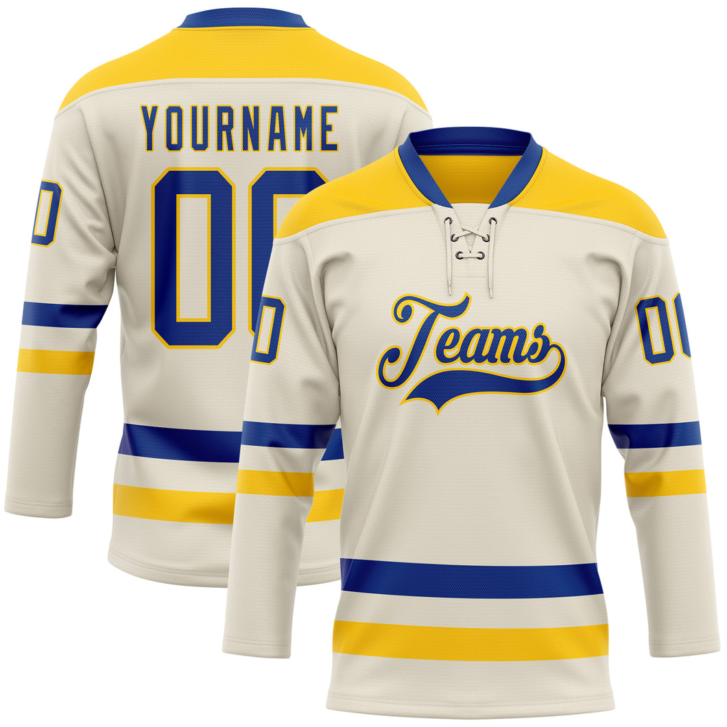 Custom Cream Royal-Yellow Hockey Lace Neck Jersey