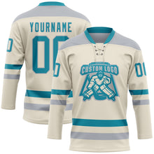 Загрузить изображение в средство просмотра галереи, Custom Cream Teal-Gray Hockey Lace Neck Jersey
