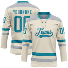 Загрузить изображение в средство просмотра галереи, Custom Cream Teal-Gray Hockey Lace Neck Jersey
