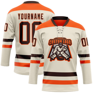 Custom Cream Brown-Orange Hockey Lace Neck Jersey