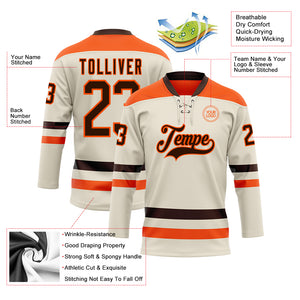 Custom Cream Brown-Orange Hockey Lace Neck Jersey