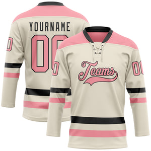 Custom Cream Medium Pink-Black Hockey Lace Neck Jersey