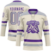 Загрузить изображение в средство просмотра галереи, Custom Cream Gray-Purple Hockey Lace Neck Jersey
