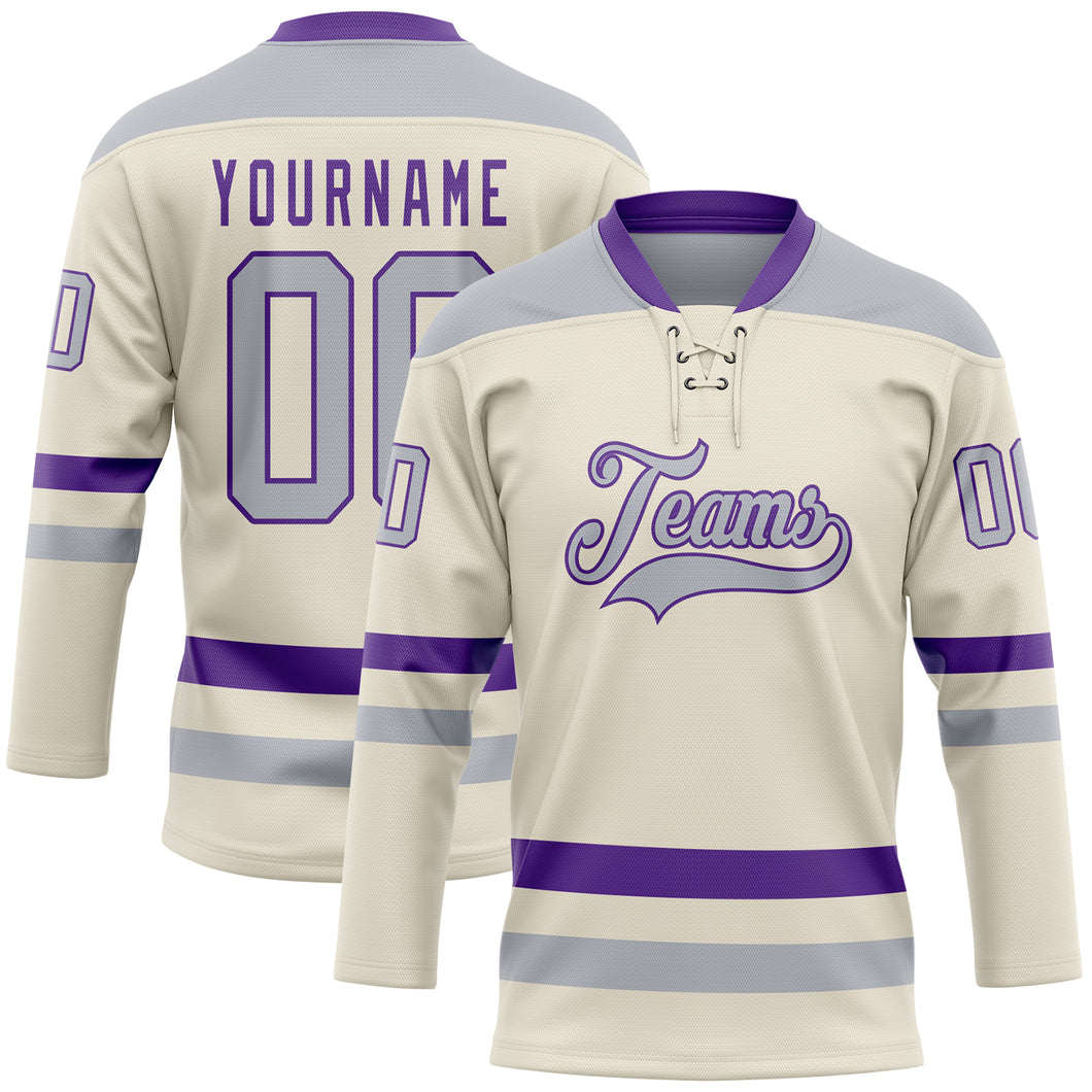 Custom Cream Gray-Purple Hockey Lace Neck Jersey