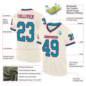 Custom Cream Teal Black-Pink Mesh Authentic Throwback Football Jersey