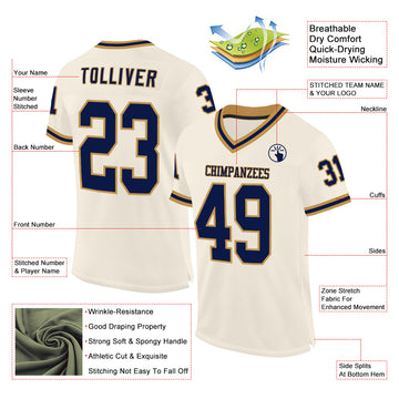 Custom Cream Navy-Old Gold Mesh Authentic Throwback Football Jersey