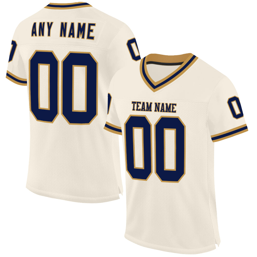 Custom Cream Navy-Old Gold Mesh Authentic Throwback Football Jersey