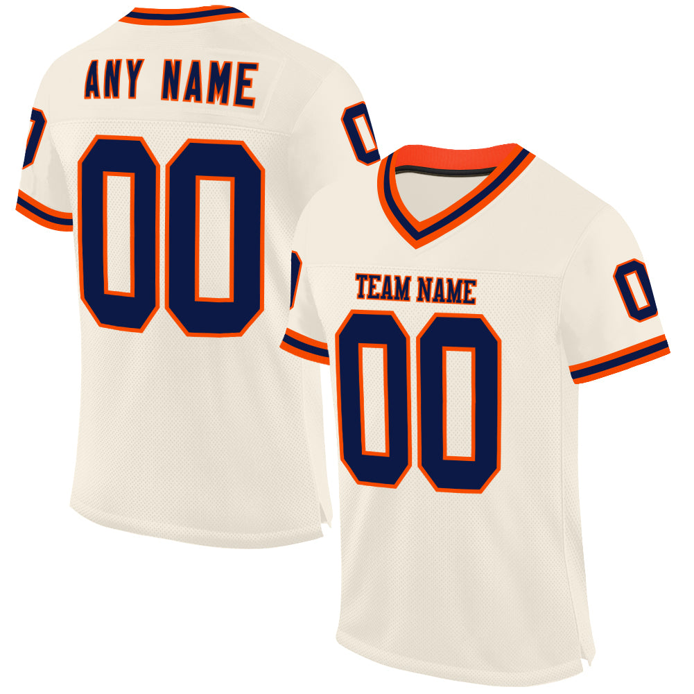 Custom Cream Navy-Orange Mesh Authentic Throwback Football Jersey