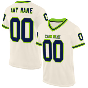 Custom Cream Navy-Neon Green Mesh Authentic Throwback Football Jersey