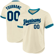 Laden Sie das Bild in den Galerie-Viewer, Custom Cream Navy-Teal Authentic Throwback Baseball Jersey
