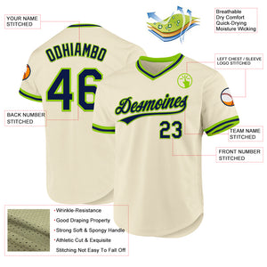 Custom Cream Navy-Neon Green Authentic Throwback Baseball Jersey