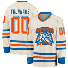 Load image into Gallery viewer, Custom Cream Orange White-Blue Hockey Jersey
