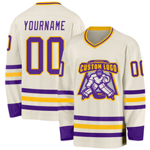 Загрузить изображение в средство просмотра галереи, Custom Cream Purple-Gold Hockey Jersey
