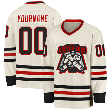 Custom Cream Black-Red Hockey Jersey