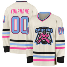 Загрузить изображение в средство просмотра галереи, Custom Cream Light Blue Black-Pink Hockey Jersey
