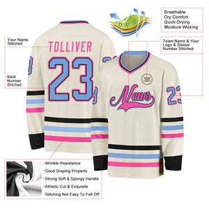 Custom Cream Light Blue Black-Pink Hockey Jersey