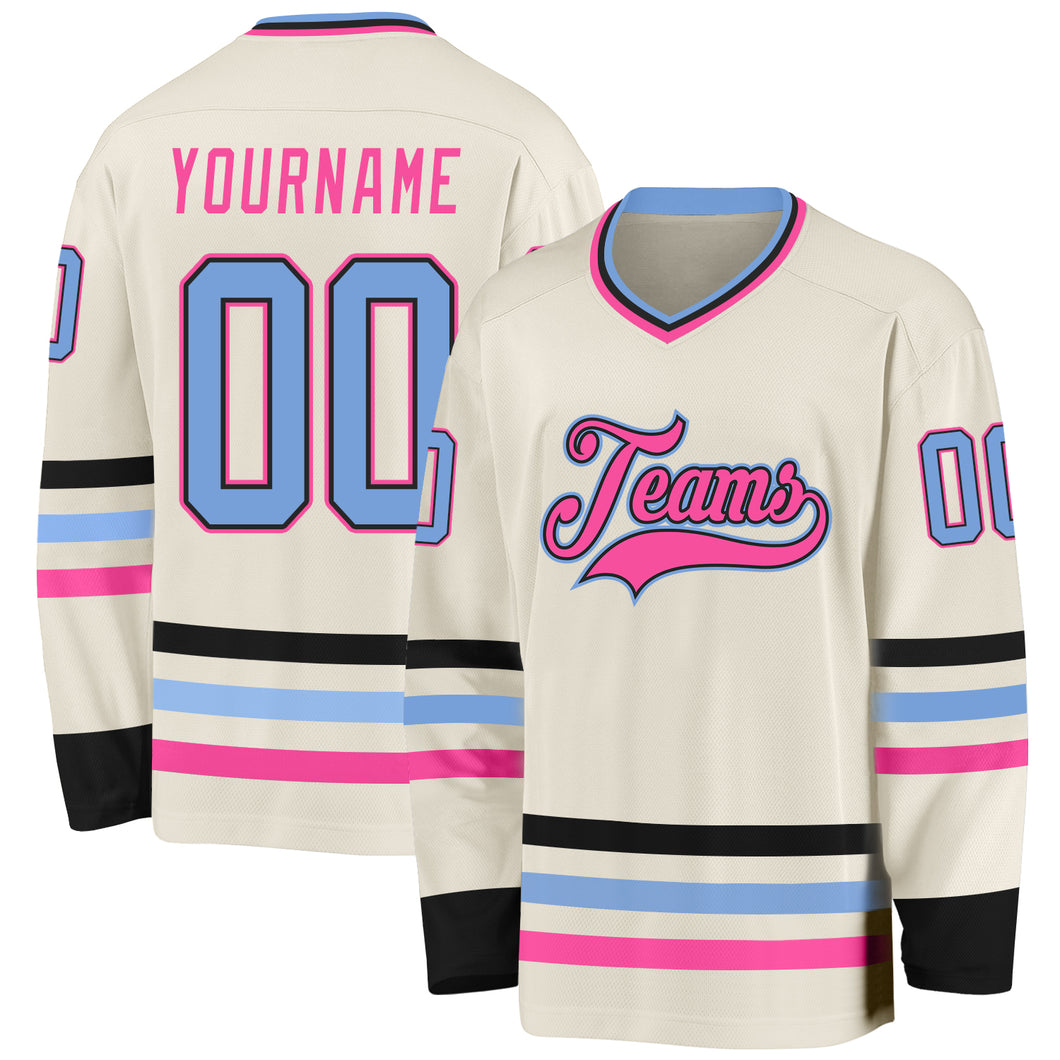 Custom Cream Light Blue Black-Pink Hockey Jersey