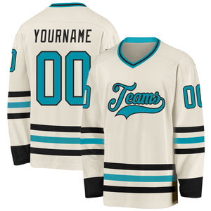 Custom Cream Teal-Black Hockey Jersey