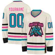 Charger l&#39;image dans la galerie, Custom Cream Teal Black-Pink Hockey Jersey
