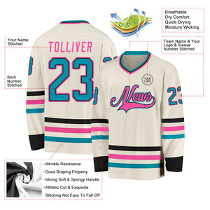 Custom Cream Teal Black-Pink Hockey Jersey