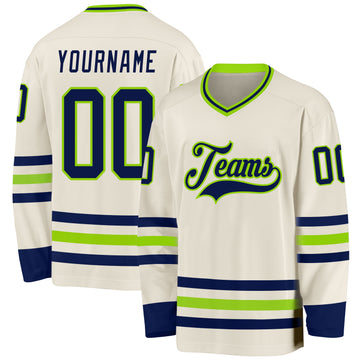 Custom Cream Navy-Neon Green Hockey Jersey