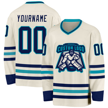 Custom Cream Navy-Teal Hockey Jersey