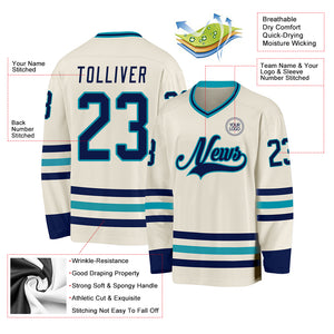 Custom Cream Navy-Teal Hockey Jersey