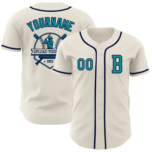 Custom Cream Teal-Navy Authentic Baseball Jersey