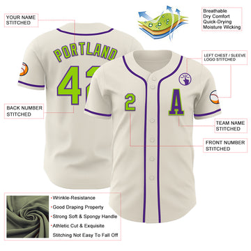 Custom Cream Neon Green-Purple Authentic Baseball Jersey