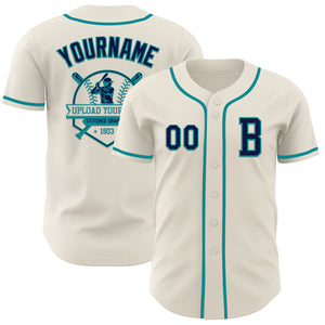 Custom Cream Navy-Teal Authentic Baseball Jersey