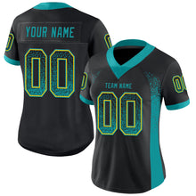 Load image into Gallery viewer, Custom Black Teal-Yellow Mesh Drift Fashion Football Jersey
