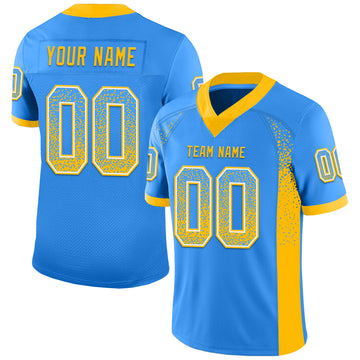 Custom Powder Blue Gold-White Mesh Drift Fashion Football Jersey