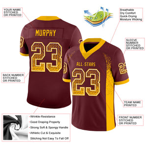 Custom Burgundy Gold-White Mesh Drift Fashion Football Jersey