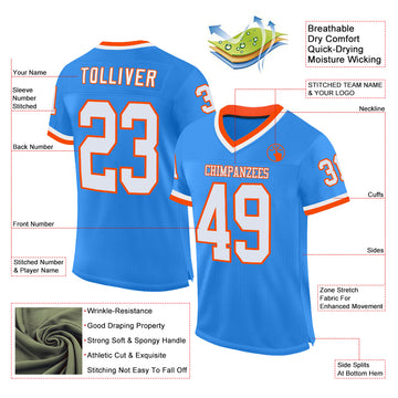 Custom Powder Blue White-Orange Mesh Authentic Throwback Football Jersey