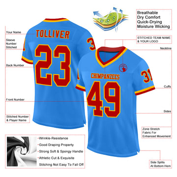 Custom Powder Blue Red-Gold Mesh Authentic Throwback Football Jersey