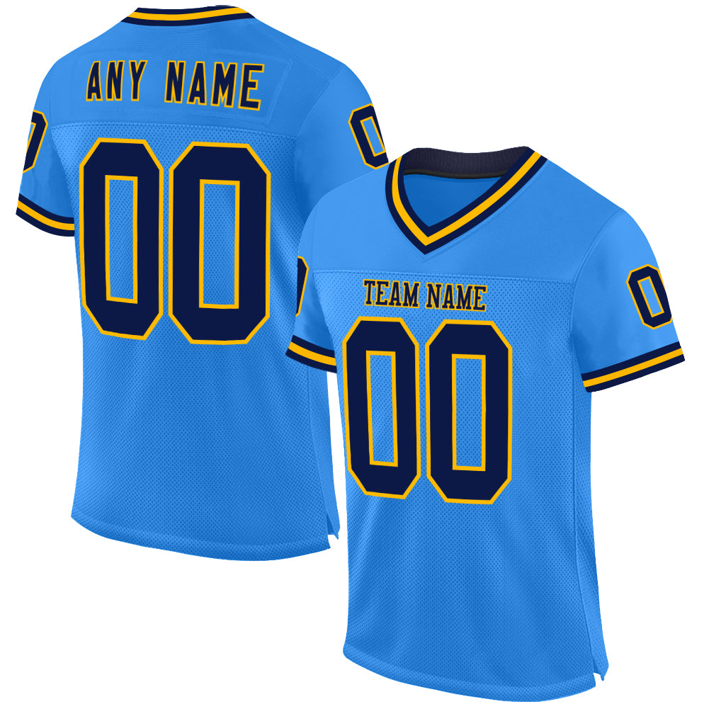 Custom Powder Blue Navy-Gold Mesh Authentic Throwback Football Jersey