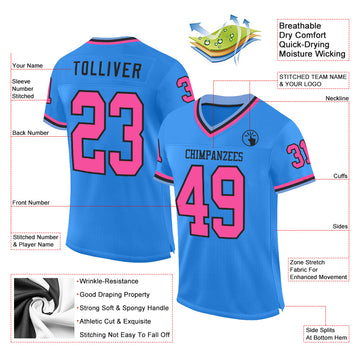 Custom Powder Blue Pink Black-Light Blue Mesh Authentic Throwback Football Jersey